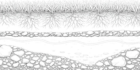 Cross section of soil layers with grass roots and water isolated on white background ©  Designer