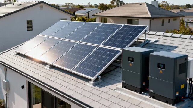 Medium shot of solar panels and battery units installation on residential rooftops showcasing smallscale microgrid deployment for sustainable local energy.