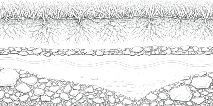Cross section of soil layers with grass roots and water isolated on white background