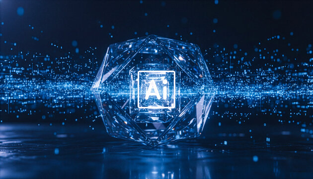 Abstract photorealistic 3D render of a glowing blue 'AI' symbol encased in a complex crystalline structure, surrounded by digital data streams, representing Artificial Intelligence and advanced comput