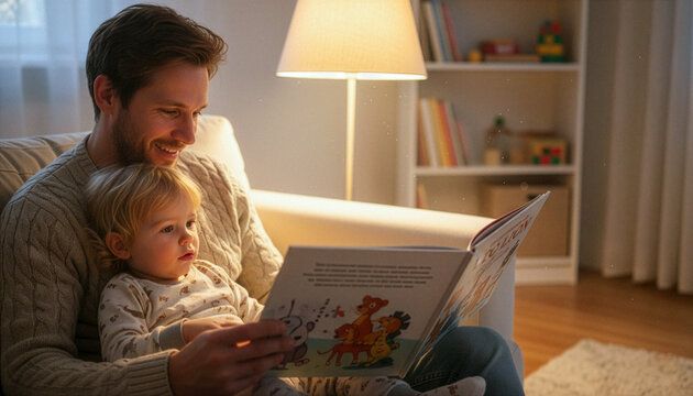 Authentic moment of a father tenderly reading a book to his young child on a cozy sofa, soft warm interior lighting, focusing on authentic emotion, family connection, and quality time.
