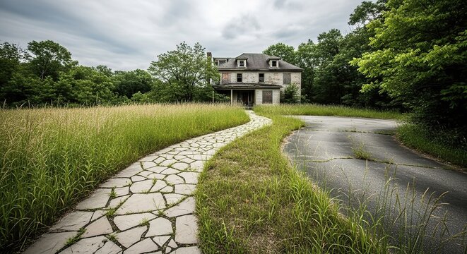 Creepy abandoned mansion with overgrown garden and winding path at twilight - Powered by Adobe