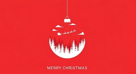 Festive christmas ornament with a snowy forest silhouette inside against a vibrant red background