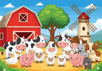 Farm animals cartoon illustration, cows, pigs, sheep, ducks, horse, donkey, dog, barn, windmill, tree, mountain, sky, clouds, nature, agriculture, rural, livestock, children, educational, colorful