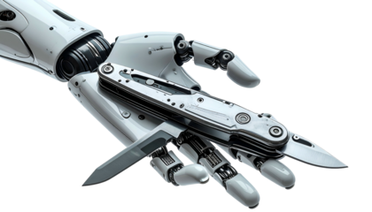 Realistic rendering of a robotic hand holding a multi-tool knife with blades open