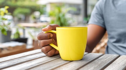 A yellow coffee mug is being held by a hand in a comfortable kitchen atmosphere