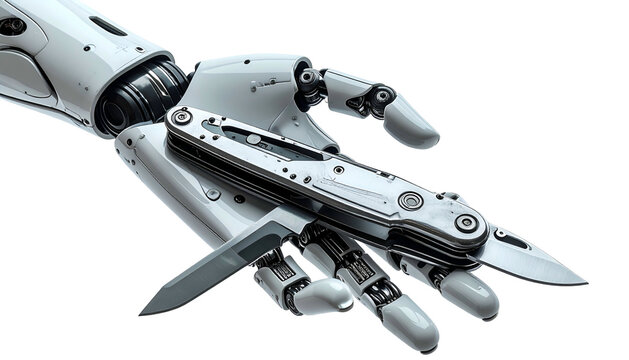 Realistic rendering of a robotic hand holding a multi-tool knife with blades open - Powered by Adobe