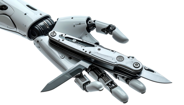 Realistic rendering of a robotic hand holding a multi-tool knife with blades open