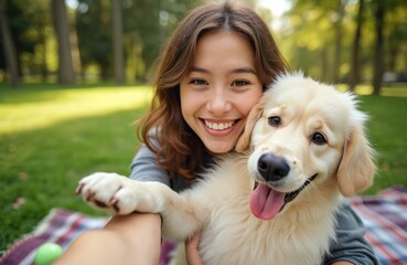 Young woman and golden retriever dog take selfie photo in park. Happy friends enjoy outdoor time on sunny day, sitting on blanket, smiling together for camera.