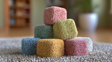 A variety of colorful blocks lay scattered on the soft rug of a living room