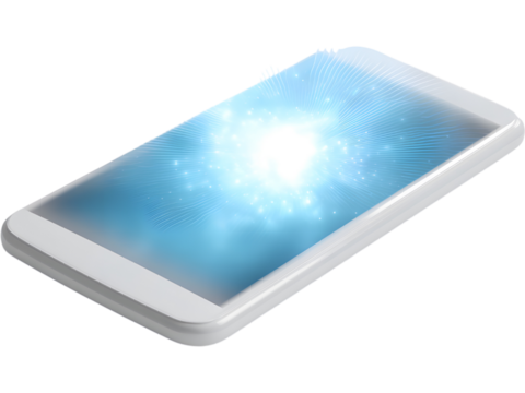 Modern smartphone with glowing colorful screen isolated on white background, perfect for technology and app design concepts.