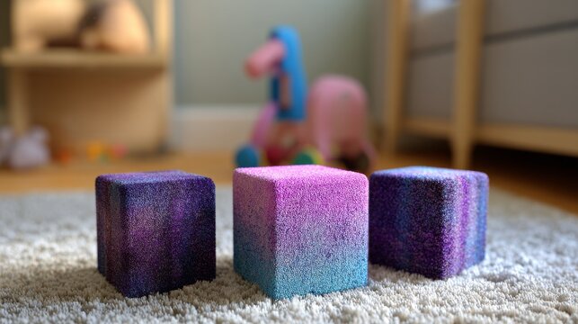 In the living room, a soft rug was covered with a scattering of colorful building blocks