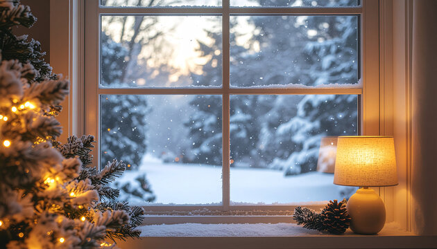 Cozy winter scene: Christmas tree, window view of snowy landscape, warm lamp light.