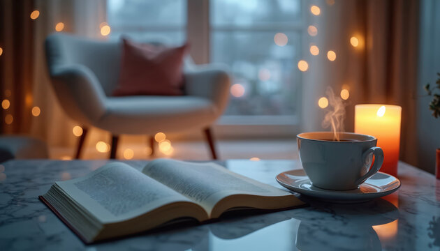 Open book lies on marble table next to steaming cup of tea and burning candle. Cozy armchair and blurred string lights create warm ambiance indoors. Relaxing evening scene.