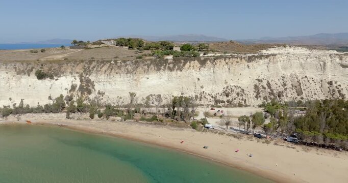 Aerial view of the archaeological area of Eraclea Minoa, located in the province of Agrigento, Sicily, Italy. It is located on a hill overlooking the azure waters of the Mediterranean Sea.