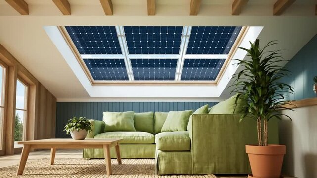 A contemporary living room features a skylight with integrated solar panels for energy.