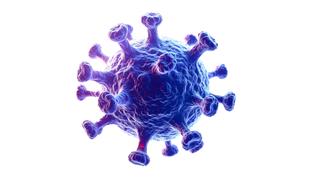 Highly detailed 3D rendering of a spherical virus particle with surface protein spikes