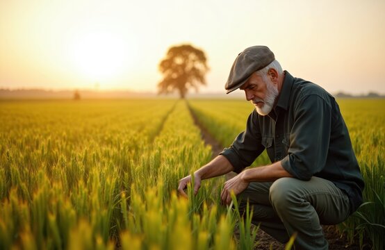 Elderly farmer inspects ripening wheat stalks in a sunlit field. He crouches, examining grain growth in a vast agricultural landscape at sunset. His careful gaze shows commitment to his farm.