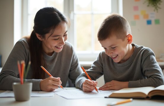 Girl helps boy draw picture on paper at table with pencils. Children learn together happily, smiling while doing homework. Siblings bond through creative art project indoors.