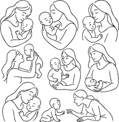 Illustration Pregnant woman silhouettes set, maternity, pregnancy, motherhood concept. Outline Infants Doodle icons drawing, Symbol Mothers with newborns Line art. Moms and Babies Love Collection
