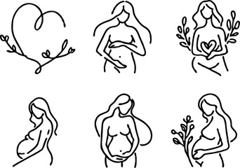 Illustration Pregnant woman silhouettes set, maternity, pregnancy, motherhood concept. Outline Infants Doodle icons drawing, Symbol Mothers with newborns Line art. Moms and Babies Love Collection
