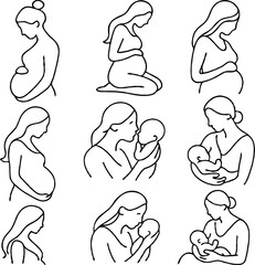 Illustration Pregnant woman silhouettes set, maternity, pregnancy, motherhood concept. Outline Infants Doodle icons drawing, Symbol Mothers with newborns Line art. Moms and Babies Love Collection