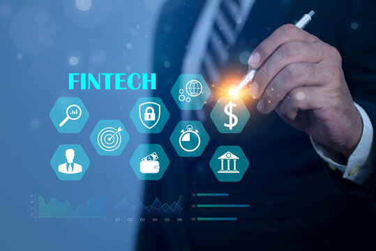 Fintech. Financial technology, online banking and Digital banking. Cryptocurrency investment and digital money.