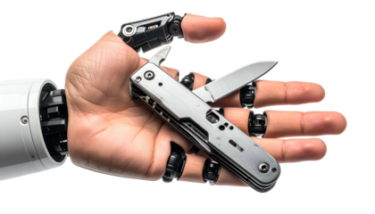 A robotic hand grasps a multi-tool, blade open, against a black background