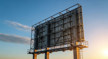 Large Outdoor Billboard Structure Against Blue Sky at Sunset with Clouds