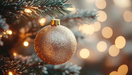 Close-up of a gold Christmas ornament hanging on a tree with lights.