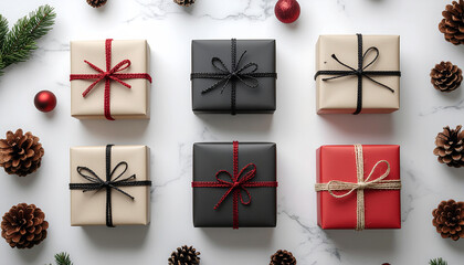 Festive gift boxes with ribbons and pine cones on white marble.