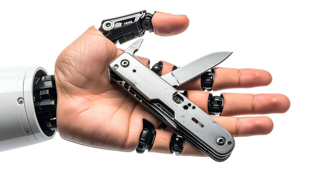 A robotic hand grasps a multi-tool, blade open, against a black background