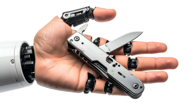 A robotic hand grasps a multi-tool, blade open, against a black background