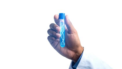 Hand in lab coat holding a glowing test tube with DNA helix on black background
