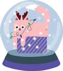 Cute kitten sitting in a gift box wrapped with a colorful garland inside a snow globe, festive holiday card with adorable hand-drawn illustration, perfect for Christmas, winter, and seasonal greetings