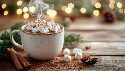 Hot chocolate with marshmallows on a wooden table with Christmas decorations.