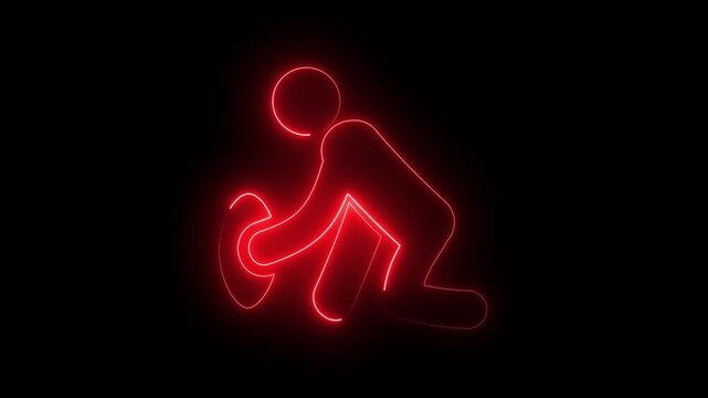 A luminous red neon sign depicts a person in a rugby scrum, focused on the ball, against a stark black background, creating a striking contrast
