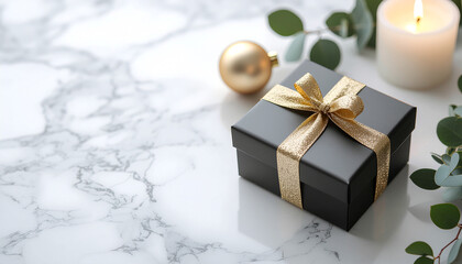 Elegant black gift box with gold ribbon on marble surface with candle and eucalyptus.