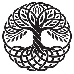 A black and white illustration of the tree of life, a symbol of interconnectedness and growth, isolated on white background