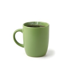 Green ceramic mug with hot coffee and steam on a white background hot drink