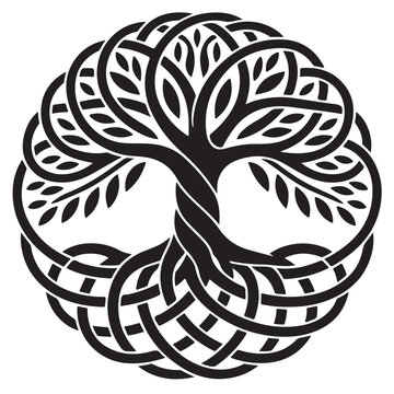 A black and white illustration of the tree of life, a symbol of interconnectedness and growth, isolated on white background