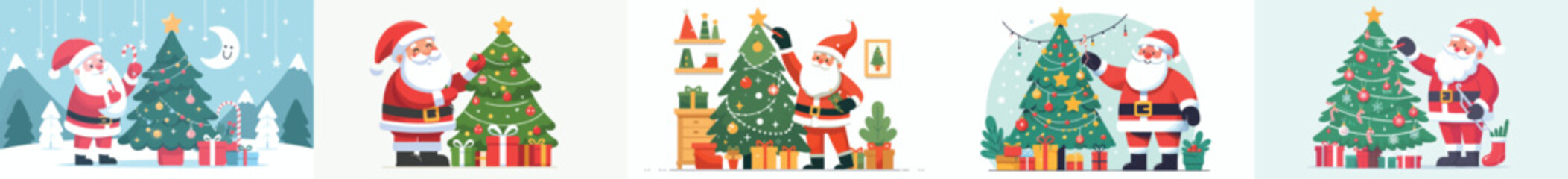 vector of santa claus decorating a christmas fir tree