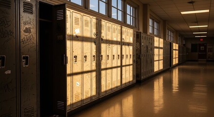 Row of old metal school lockers in a hallway with sunlight streaming through windows casting shadows