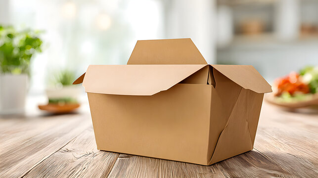 Open cardboard takeout container sits on a wooden table in a bright kitchen