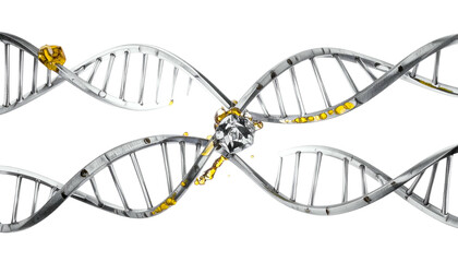 Metallic DNA strands intertwined, highlighted by a gem-like structure on a black background