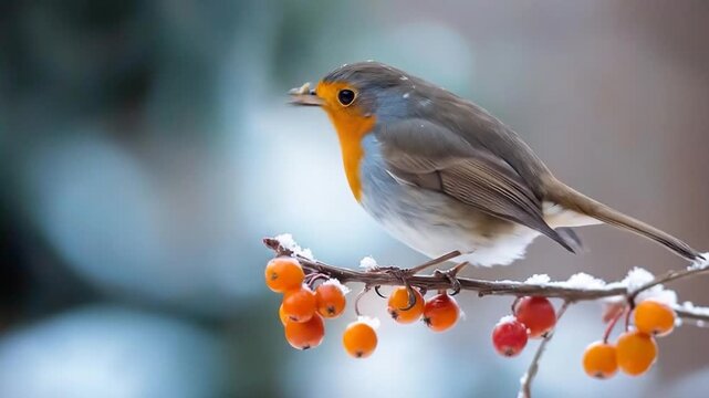 Small bird perched on snowy branch with red berries winter season wildlife