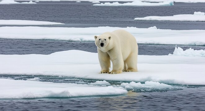 A polar bear standing on a melting ice floe in the Arctic Ocean, symbolizing global warming.