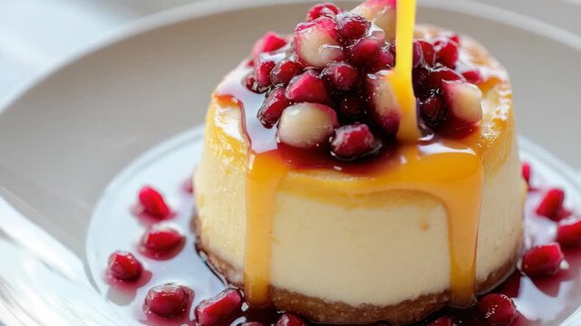 A delightful dessert with creamy filling topped with pomegranate seeds and raspberry sauce, served on a glass plate.