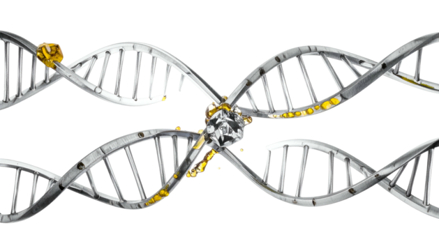 Metallic DNA strands intertwined, highlighted by a gem-like structure on a black background