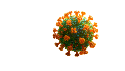 Colorful rendered illustration of a virus particle, isolated on black background